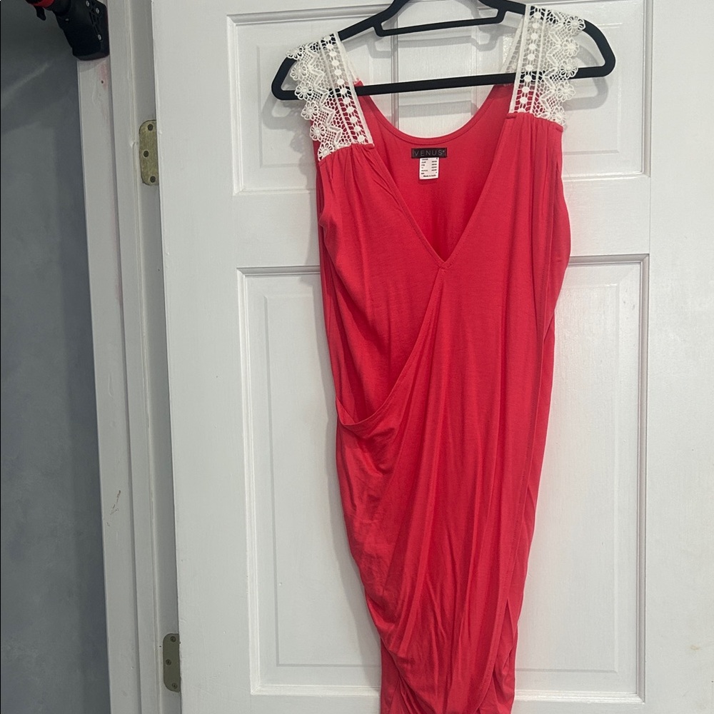VENUS Coral Sleeveless Midi Dress with White Lace Straps